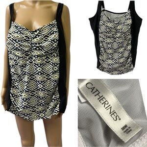 Catherines Swimsuit Tankini Top Black White Yellow Geometric Print Plus Size 26W